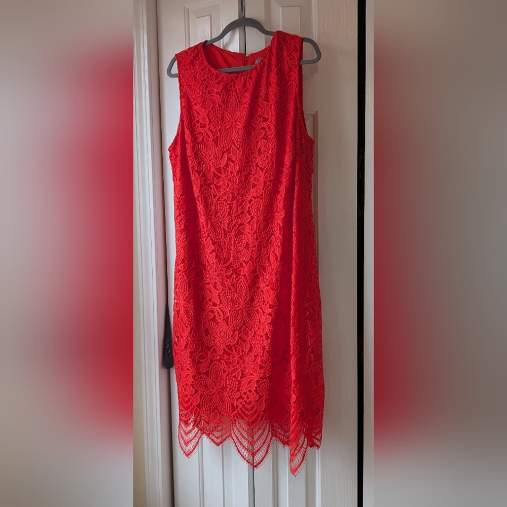 Sharagano Reddish-Orange Sleeveless Sheath Midi Dress